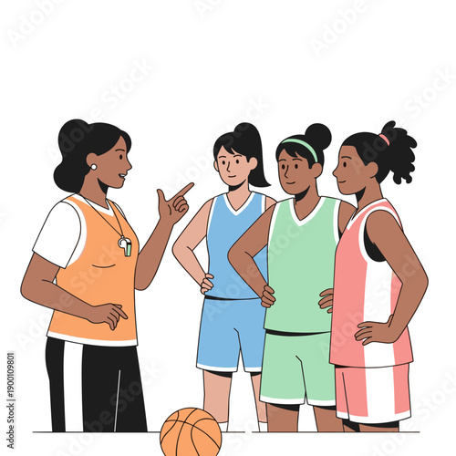 Female basketball coach instructing young players before practice  