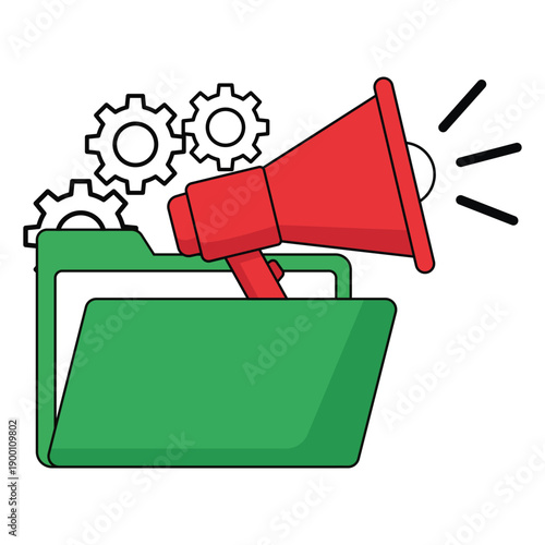 Digital Announcement: A vivid illustration depicts a megaphone emitting sound waves atop an open file folder, accompanied by gears, symbolizing digital communication and data management. 