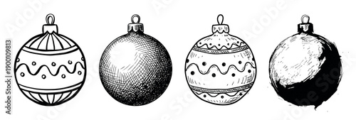 Four hand-drawn black and white Christmas ornaments in a row, each with a unique festive pattern and sketch style, from clean lines and cross-hatching to bold ink strokes