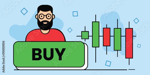 Stock Investor's Decision: A graphic illustrating the concept of investment, with a person interacting with a BUY button. accompanied by financial charts.