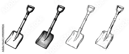 Set of four hand-drawn shovel illustrations in various sketch styles, including clean line art, detailed cross-hatching, and rough ink drawing for construction or gardening