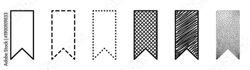 Set of six black bookmark icons with different outline and fill styles including solid, dashed, dotted, crosshatch, scribble, and stipple textures for graphic design elements