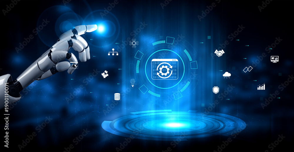 Carta da parati Futuristic Robotic Hand Interacting with Digital Interface Representing Technology and Automation Concepts Displaying Charts and Icons Quark