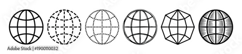 Set of six black globe icons presented in a row, showcasing various graphic design styles including simple line art, dashed, dotted, sketchy, geometric, and hatched