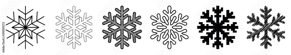 Naklejka premium Set of six black snowflake icons in a row showcases various design styles including geometric, pixelated, dotted, hand-drawn, curvy, and crosshatch patterns for winter themes
