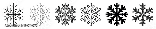 Set of six black snowflake icons in a row showcases various design styles including geometric, pixelated, dotted, hand-drawn, curvy, and crosshatch patterns for winter themes