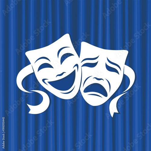 icon of comedy and tragedy theatrical masks with blue curtains
