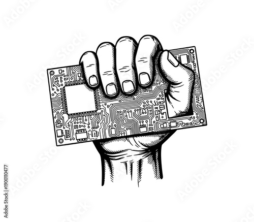 Hand holding circuit board in engraved style: technology and innovation concept