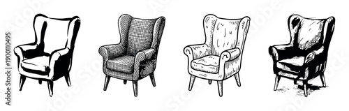 Four hand-drawn vintage wingback armchair illustrations in a sketchy, graphic style, showcasing different ink, line art, and hatching techniques in a monochrome collection