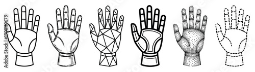 Collection of six stylized hand illustrations in various artistic techniques including line art, sketch, geometric low poly, stippling, and dashed outline for design concepts