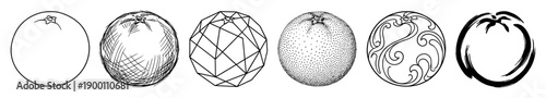 Set of six black and white orange illustrations showing various artistic styles like line art, sketch, geometric, stippling, ornamental, and expressive brushstroke