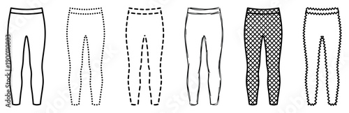 Set of six women's leggings illustrations showing different styles and textures, including solid, dotted, dashed, sketchy, fishnet, and zigzag line art designs for fashion concepts