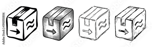 Four hand-drawn cardboard shipping boxes with parcel symbols, illustrated in a black and white sketch style for logistics and delivery concepts