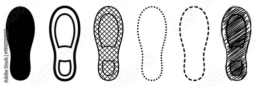 Set of six black shoe print icons showing different styles including solid silhouette, outline, dotted, dashed, grid pattern, and hand-drawn scribble for various design concepts