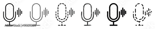 Set of six black microphone icons in various outline styles including solid, dotted, dashed, and sketchy, each with a sound wave symbol representing audio recording