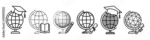 Set of six black and white global education icons featuring globes with graduation caps, books, and diplomas in various line art, sketch, and stippling styles
