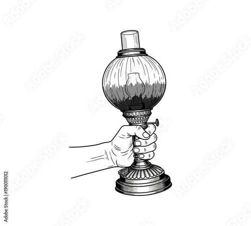 Hand holding vintage oil lamp in detailed sketch style