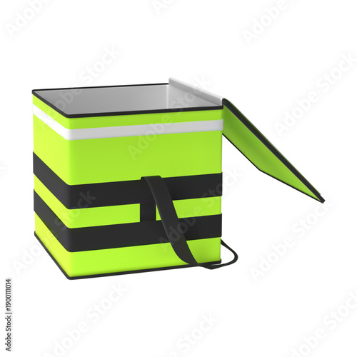 Food delivery courier opened handle bag, vector realistic 3D green takeaway thermal box container for dishes to order