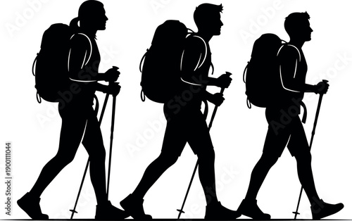 Black and white silhouette of three hikers with backpacks and trekking poles walking in a row on a white background