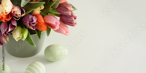 Fototapeta Easter Tulip Bouquet with Decorated Eggs