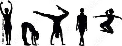 Black Silhouettes of Female Gymnasts and Dancers Performing Athletic Poses Stretching Handstand and Jumping Isolated on White Background Vector Illustration