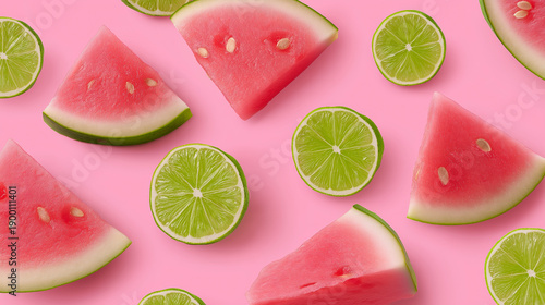 Fresh slices of ripe watermelon and juicy lime halves arranged in a repeating pattern on a vibrant pink background