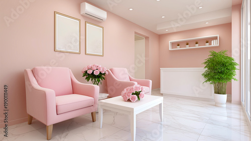 Waiting room of a beauty salon with pink chairs, white coffee table with roses, and marble floor