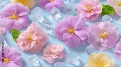 Pattern of pink and purple hibiscus flowers mixed with clear melting ice cubes and green mint leaves on a light blue background