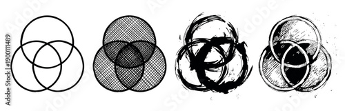 Set of four black Venn diagrams showing different artistic styles including outline, crosshatch, ink brush stroke, and grunge texture for illustrating concepts of intersection and unity