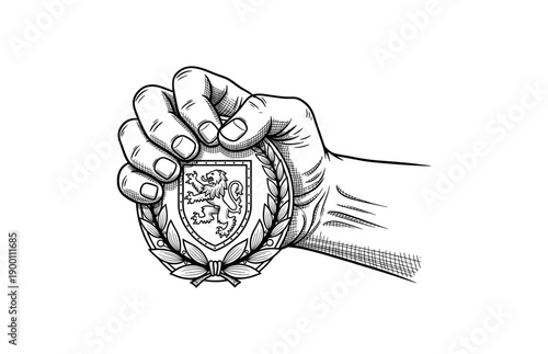 Hand holding heraldic shield with lion crest in detailed sketch style