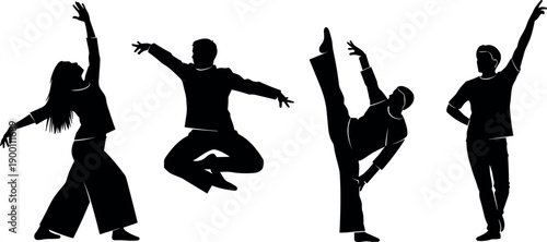 Dynamic Silhouette Set of Contemporary Dancers Performing Artistic Expressive Poses and High Kicks Isolated on White Background for Graphic Design