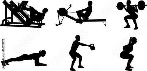Large Set of Gym Exercise Silhouettes Including Leg Press Rowing Machine Barbell Squats Plank Kettlebell Swings and Bodyweight Squat Training