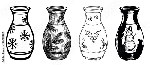 Set of four hand-drawn decorative vases with winter holiday patterns like snowflakes, pine, holly, and a snowman, illustrated in various black and white graphic styles