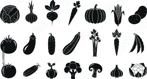 Large Collection of Flat Black Vegetable Silhouettes Including Broccoli Carrot Tomato Pumpkin Onion and Garlic Isolated on White Background Vector