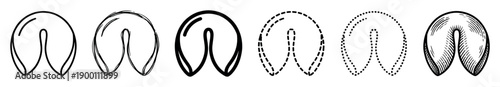 Set of six black fortune cookie icons presented in a row with various artistic styles including line art, sketch, bold, dashed, dotted, and engraved