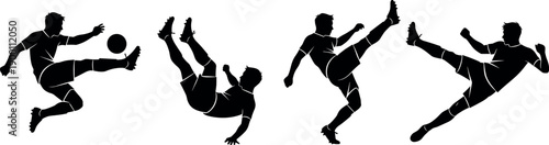 Set of soccer player silhouettes performing acrobatic bicycle kicks and flying volleys isolated on white background for football sports design