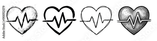 Collection of four hand-drawn heart symbols with a cardiogram line, featuring various artistic styles like sketch, doodle, grunge, and ink brush strokes for medical concepts