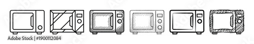 Set of six microwave oven icons presented in a row, showcasing various artistic styles like line art, geometric, hatching, stippling, and hand-drawn sketch