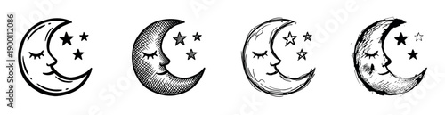 Set of four hand-drawn crescent moons with sleeping faces and stars, illustrated in various black and white sketch styles including clean line, crosshatch, and grunge textures