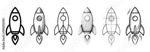 Six black rocket ship icons drawn in various creative styles from simple line art and sketch to stippling and schematic, depicting a launch and technological progress