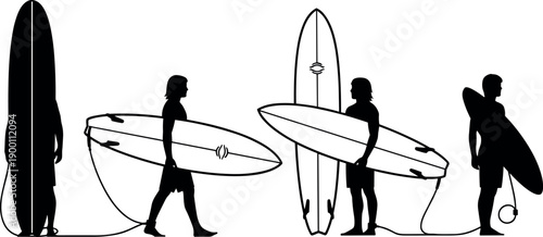 Silhouette Illustration of Male Surfers Carrying Various Surfboards Including Longboards and Shortboards for Summer Sports and Tropical Beach Vacation Concepts