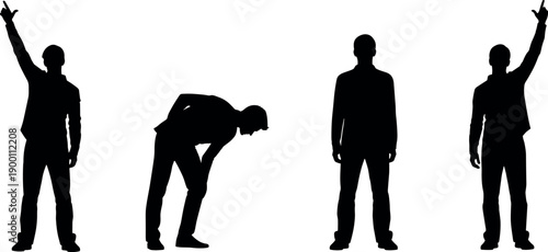 Silhouette of Man in Different Poses Including Pointing Upwards Standing Straight and Leaning Over with Back Pain or Fatigue