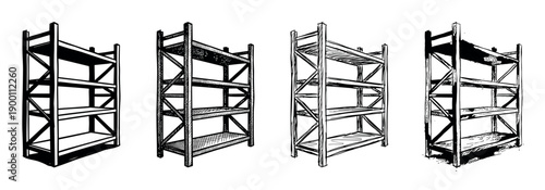 Four hand-drawn industrial metal shelving units in a black and white sketch style, a collection of empty racks for warehouse storage and organization shown from a perspective view