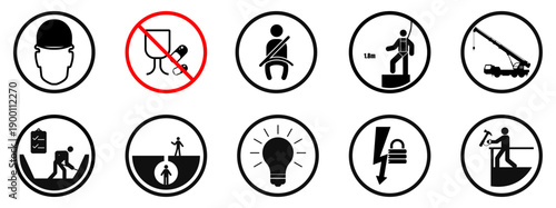 Set of prohibition and safety warning icons including no smoking, no camera, no food, first aid, light bulb, ladder safety and restricted activity symbols, suitable for signs, instructions and notices