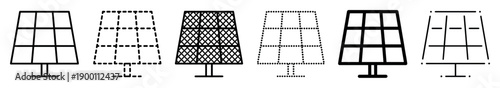 Set of black solar panel icons in various line art styles including solid, dashed, dotted, and filled, illustrating renewable energy and sustainable technology concepts