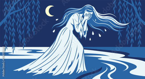 Weeping ghost woman La Llorona crying by river with willow trees and moon for Mexican folklore legend, spooky horror story and traditional culture myth concept.