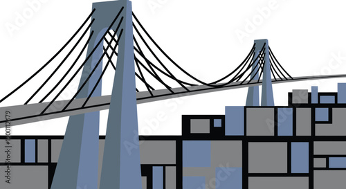 Modern cable-stayed suspension bridge spanning over abstract city skyline for urban infrastructure, civil engineering and transportation architecture design concept.