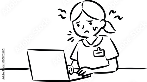 Stressed nurse or caregiver working hard on laptop computer with anxious expression hand drawn style