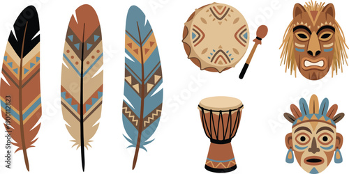 Collection of tribal ethnic elements including patterned feathers, traditional drums and wooden masks for cultural heritage, boho decoration and ritual music concept.