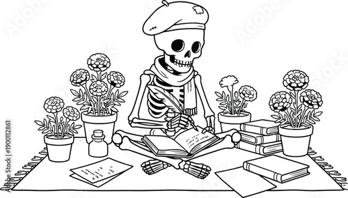 Skeleton author with beret and scarf writing in a book with quill among marigolds and books for Day of the Dead literary calavera poem tradition and Mexican culture.